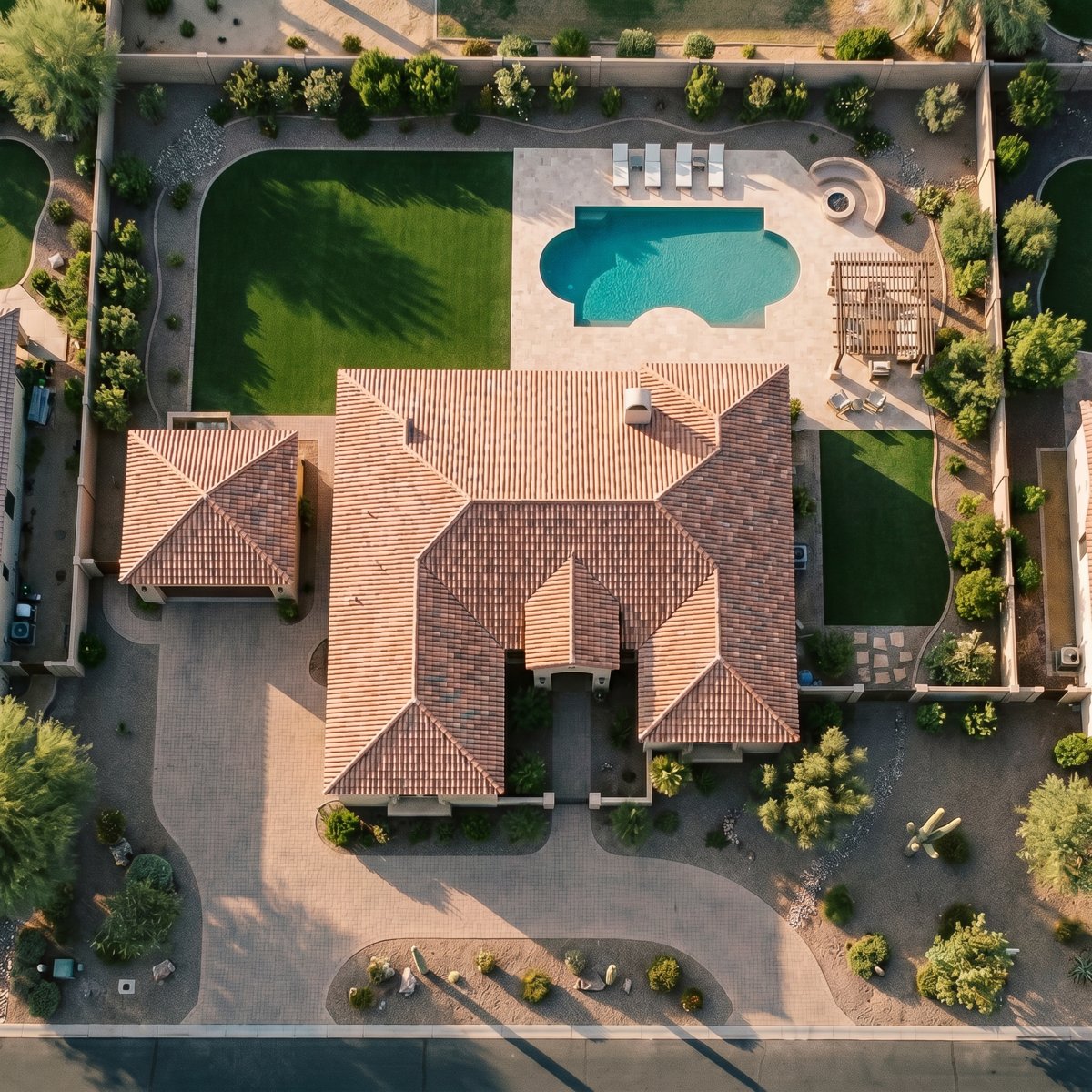 The same home with compliant xeriscape, pool area, and desert-appropriate landscaping.