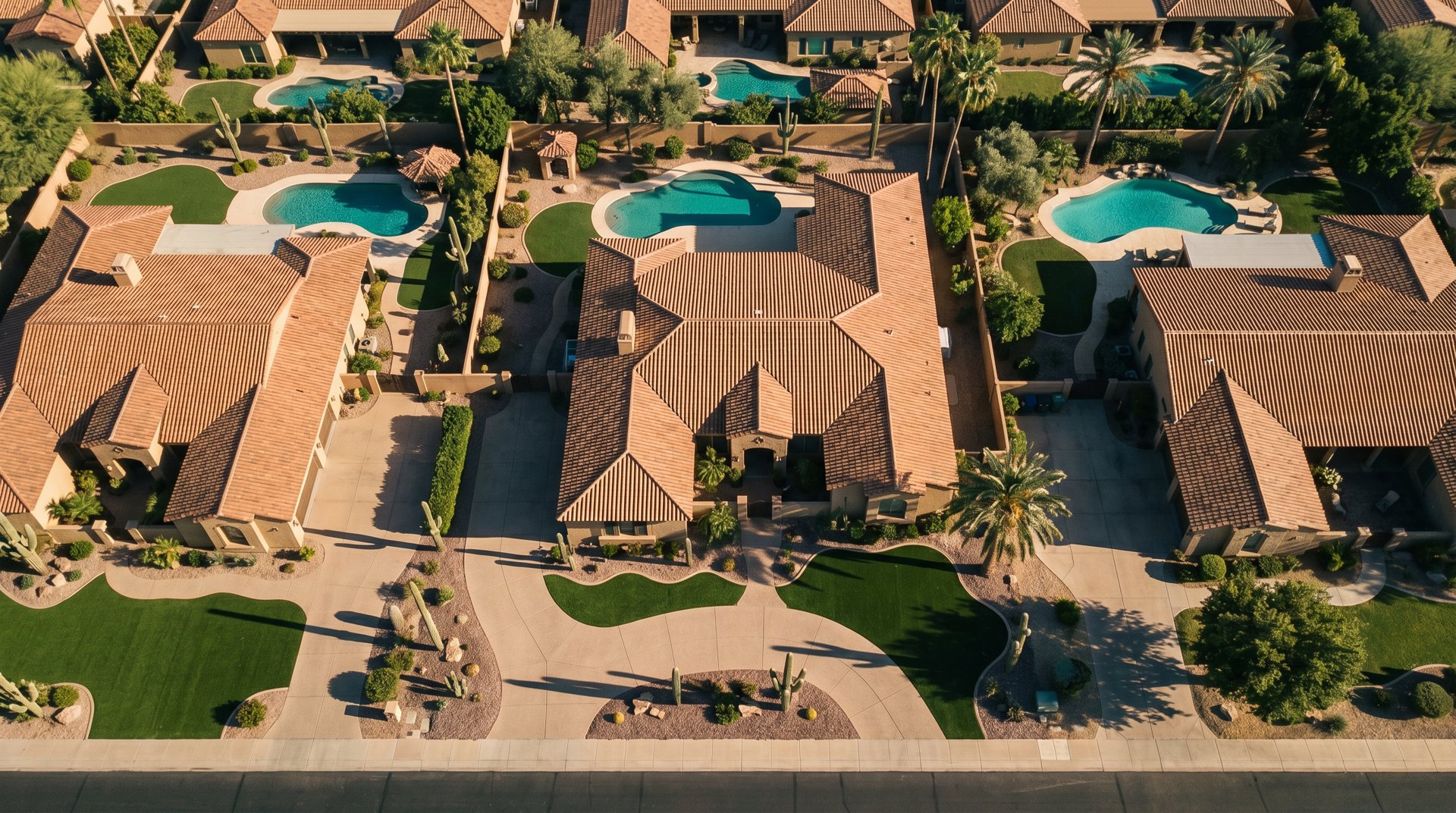 Overhead view of a Scottsdale HOA community at golden hour.
